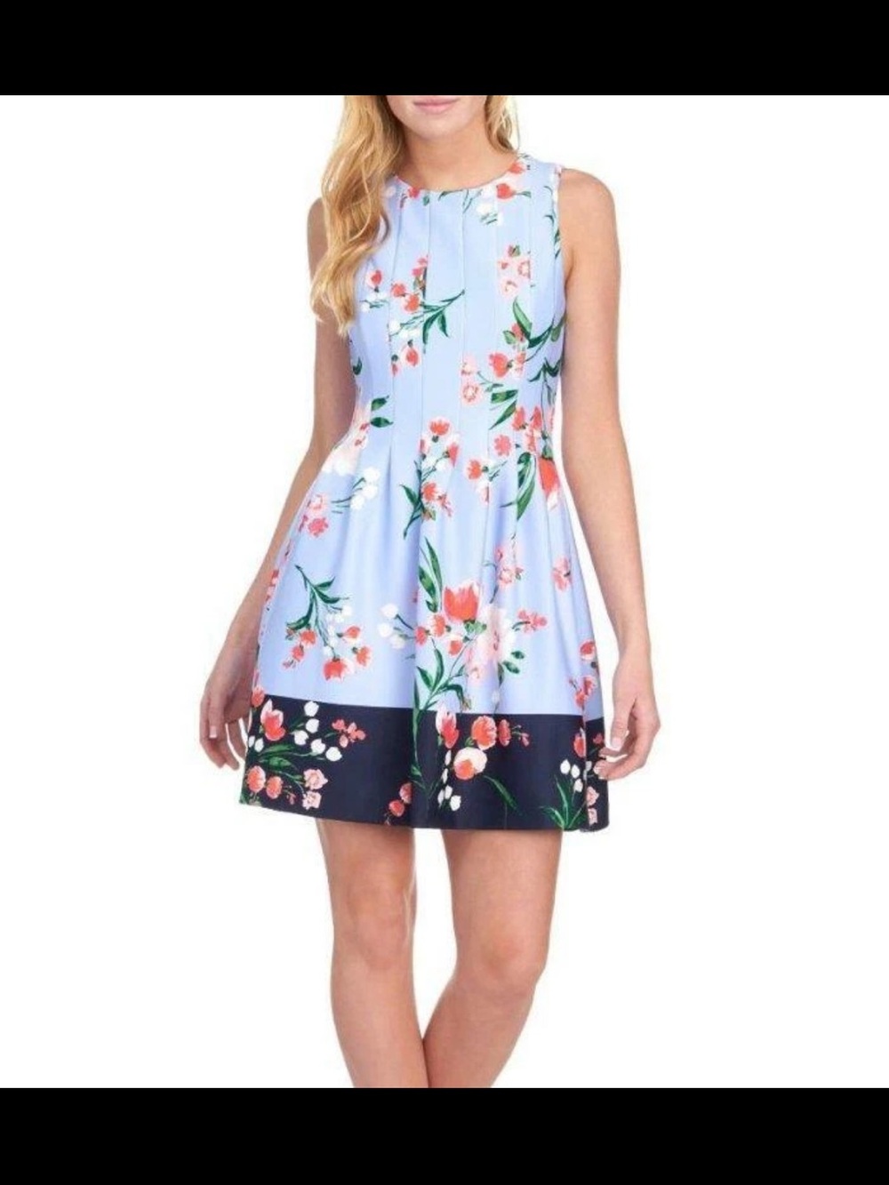 Vince Camuto Light Blue Floral Sleeveless Mini Dress with Navy Hem